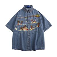 Cartoon embroidered coconut tree wave denim short sleeve beach style 7