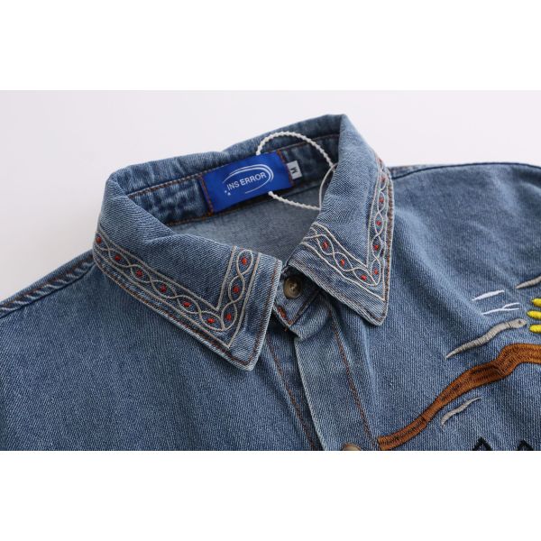 Cartoon embroidered coconut tree wave denim short sleeve beach style 7