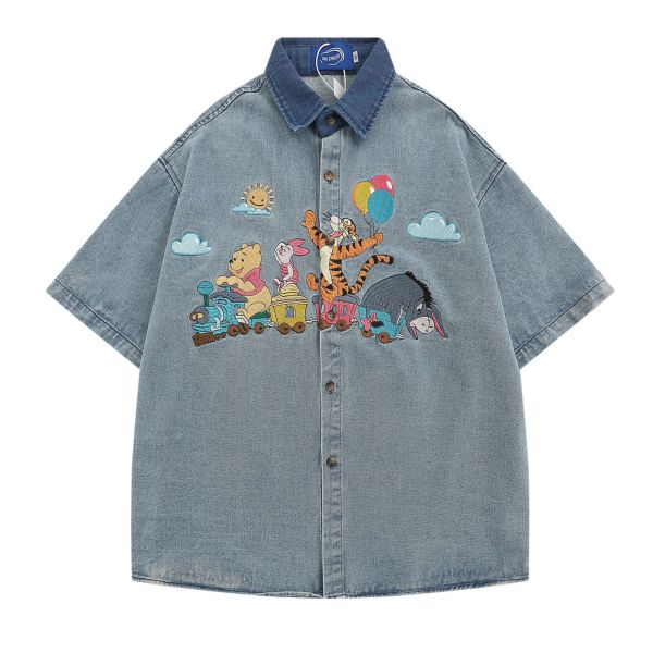 Funny cartoon heavy embroidery washed denim short-sleeved shirt 6