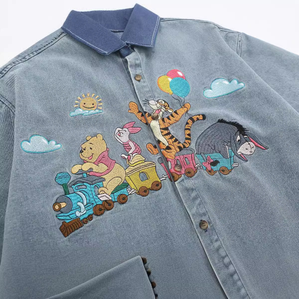 Funny cartoon heavy embroidery washed denim short-sleeved shirt 6