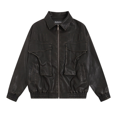 Leather jacket American retro washed distressed loose coat 11