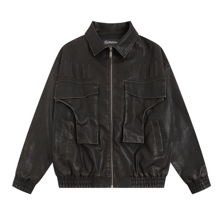 Leather jacket American retro washed distressed loose coat 11
