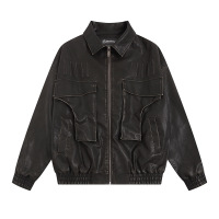 Leather jacket American retro washed distressed loose coat 11