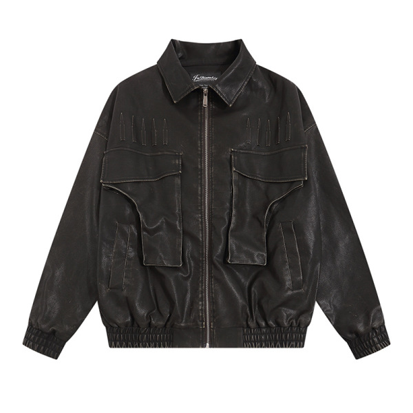 Leather jacket American retro washed distressed loose coat 11