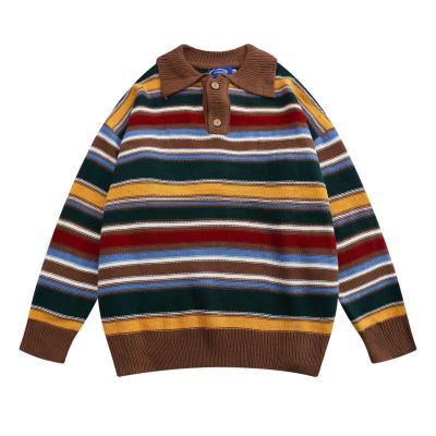Colorful striped lapel pullover sweater loose knit sweater 25