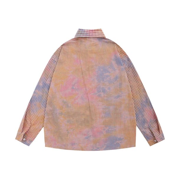 Tie-Dye Gradient Plaid Long Sleeve Loose Multi-Pocket Shirt 24