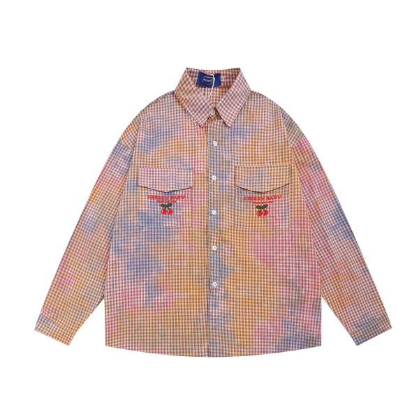 Tie-Dye Gradient Plaid Long Sleeve Loose Multi-Pocket Shirt 24