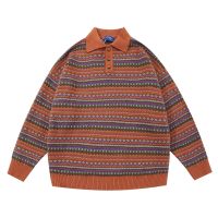 Striped lapel pullover sweater Vintage loose knit sweater 17