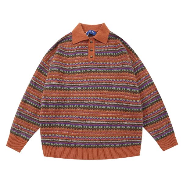 Striped lapel pullover sweater Vintage loose knit sweater 17