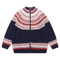 Jacquard Crew Neck Cardigan Knit Sweater Jacket 15