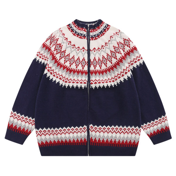 Jacquard Crew Neck Cardigan Knit Sweater Jacket 15
