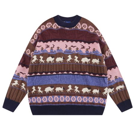 Striped jacquard lapel pullover sweater loose knit sweater 14
