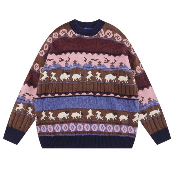Striped jacquard lapel pullover sweater loose knit sweater 14