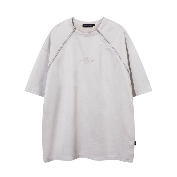 Short-sleeved T-shirt with suede zip-up top 44