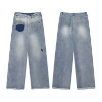 Jeans Raw Edges Loose Straight Leg Pants for Men and Women 34